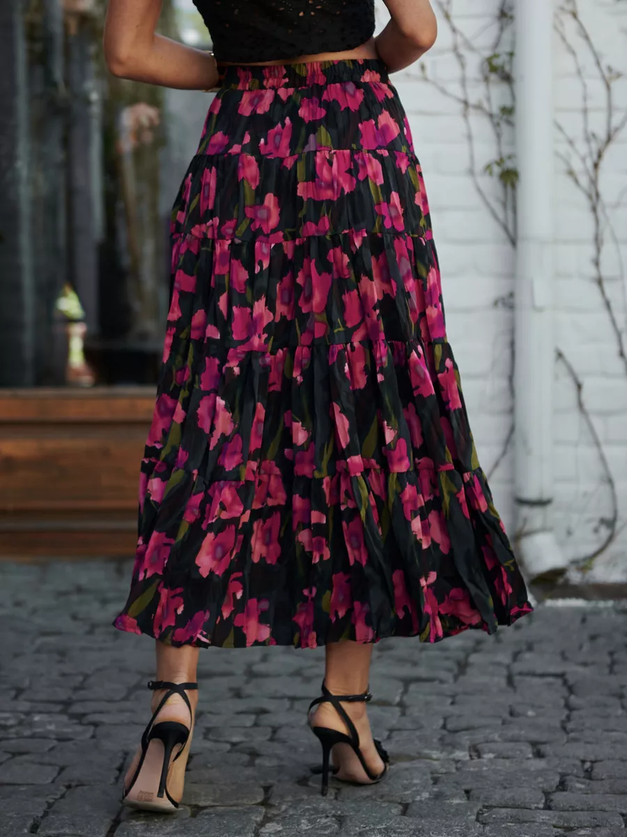 Розовая юбка ярусная с цветочным принтом