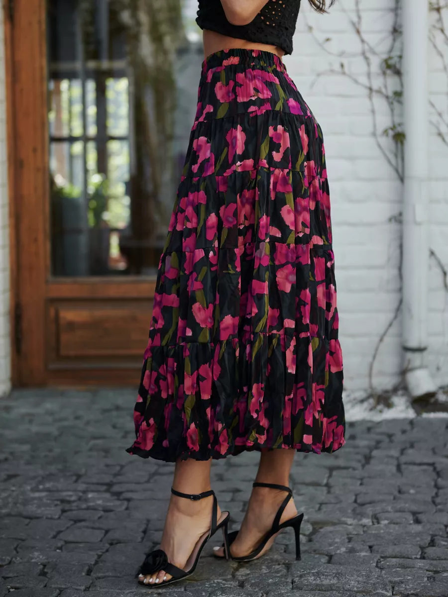 Розовая юбка ярусная с цветочным принтом