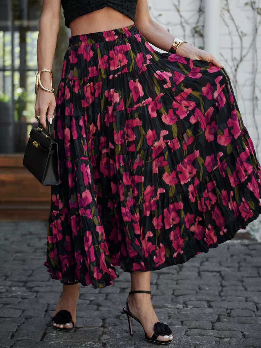 Розовая юбка ярусная с цветочным принтом