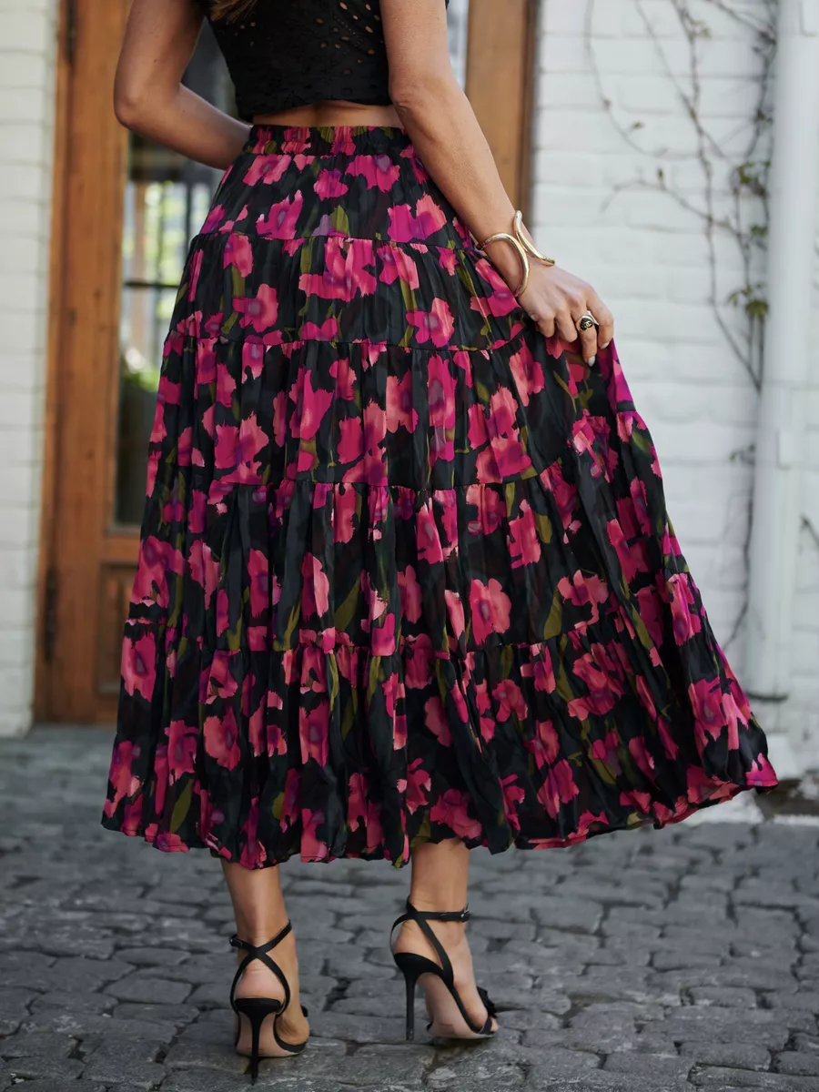 Розовая юбка ярусная с цветочным принтом