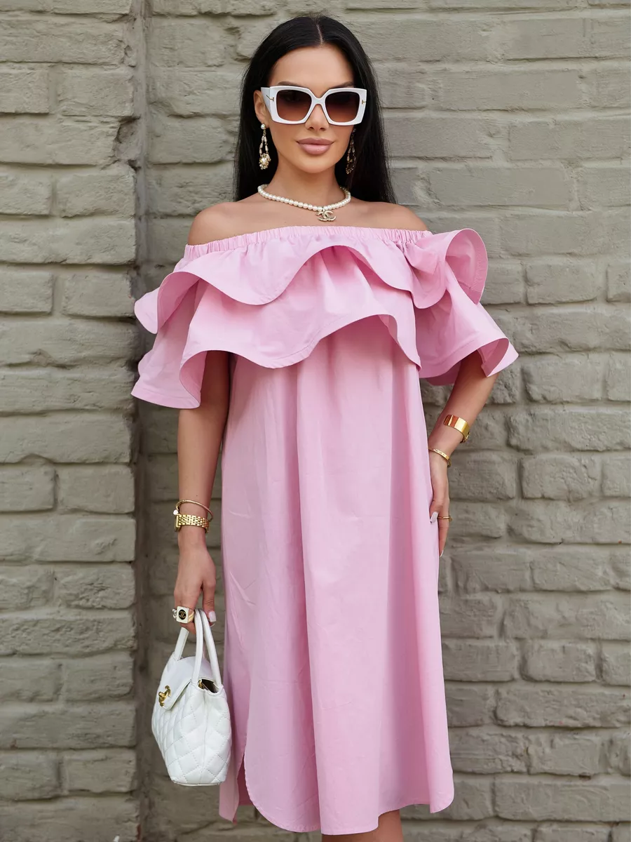 Розовое летнее платье сарафан с открытыми плечами