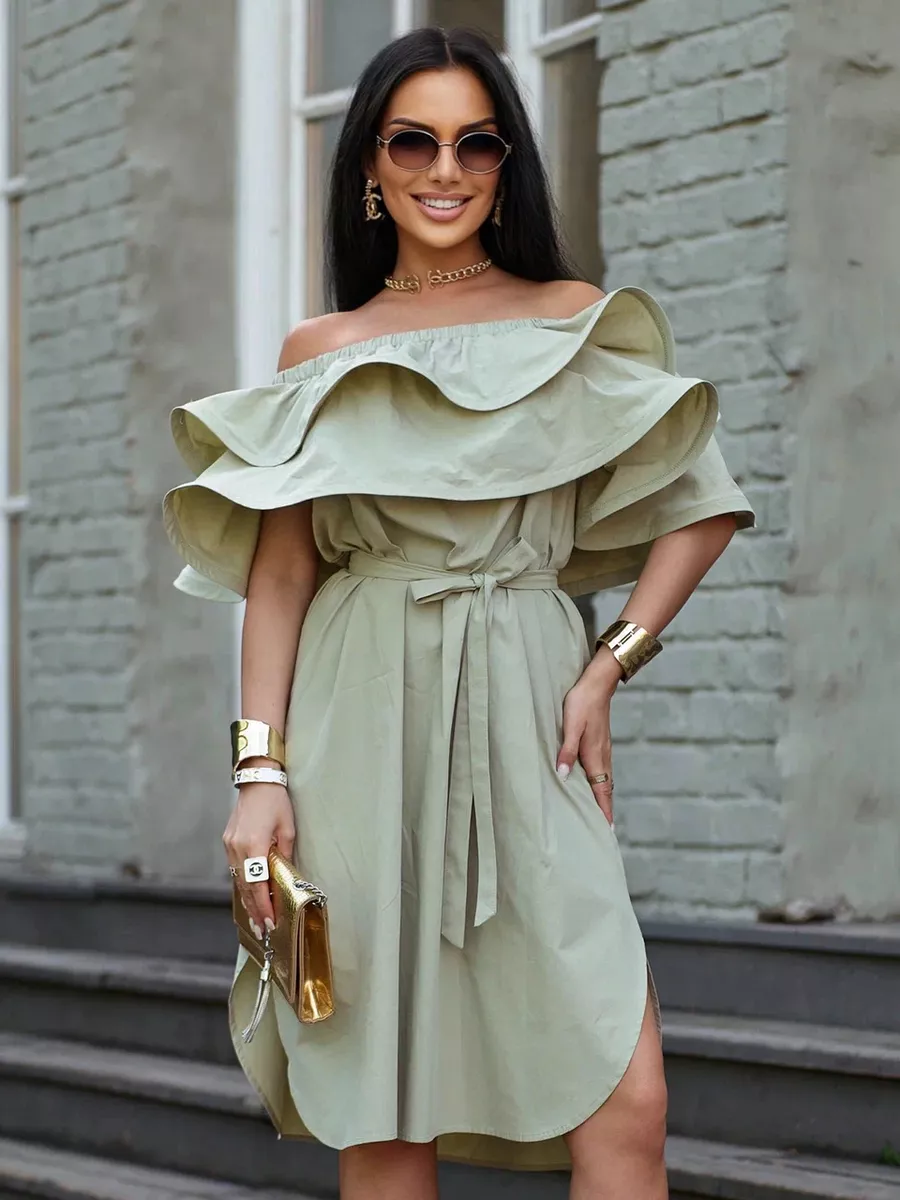 Хаки летнее платье сарафан с открытыми плечами