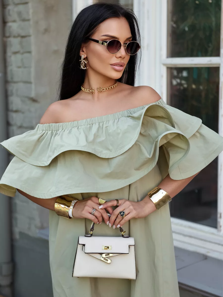 Хаки летнее платье сарафан с открытыми плечами