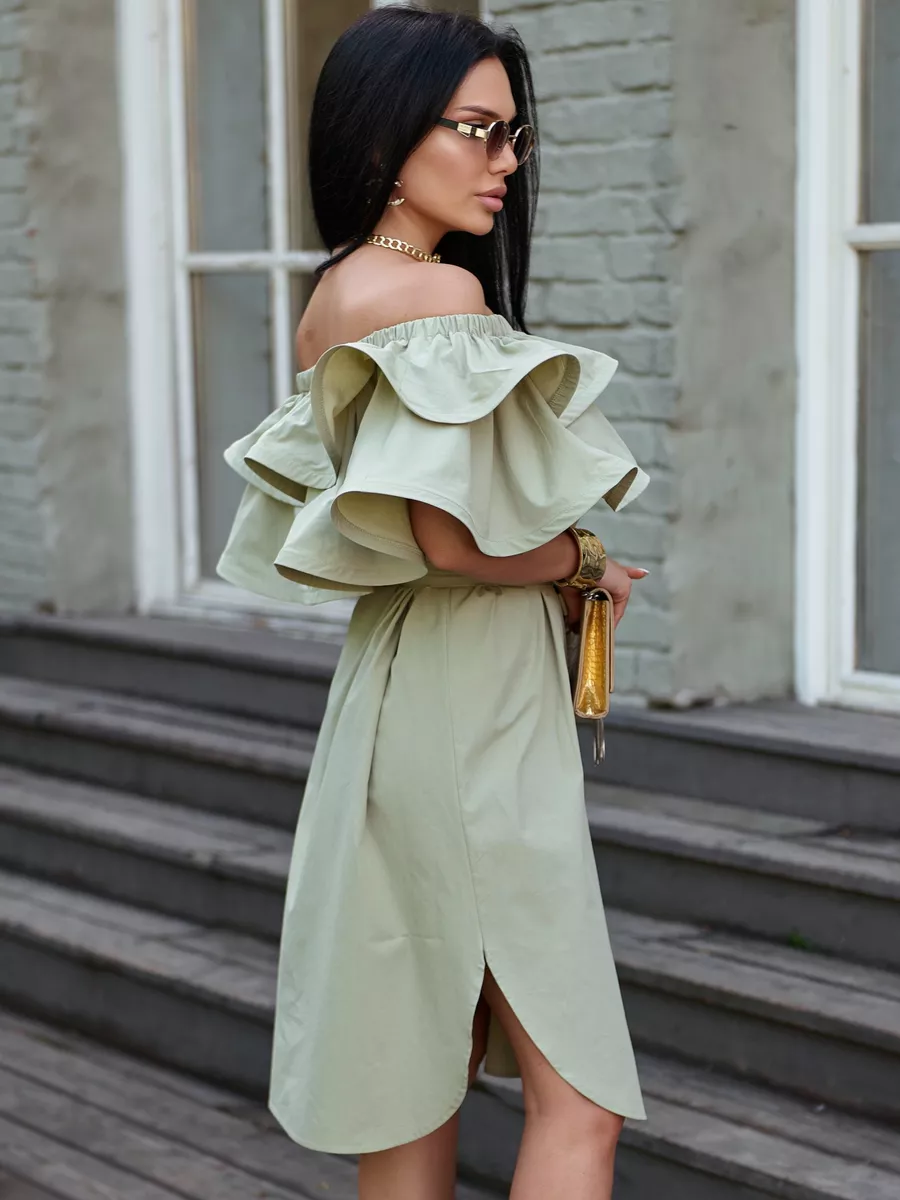 Хаки летнее платье сарафан с открытыми плечами