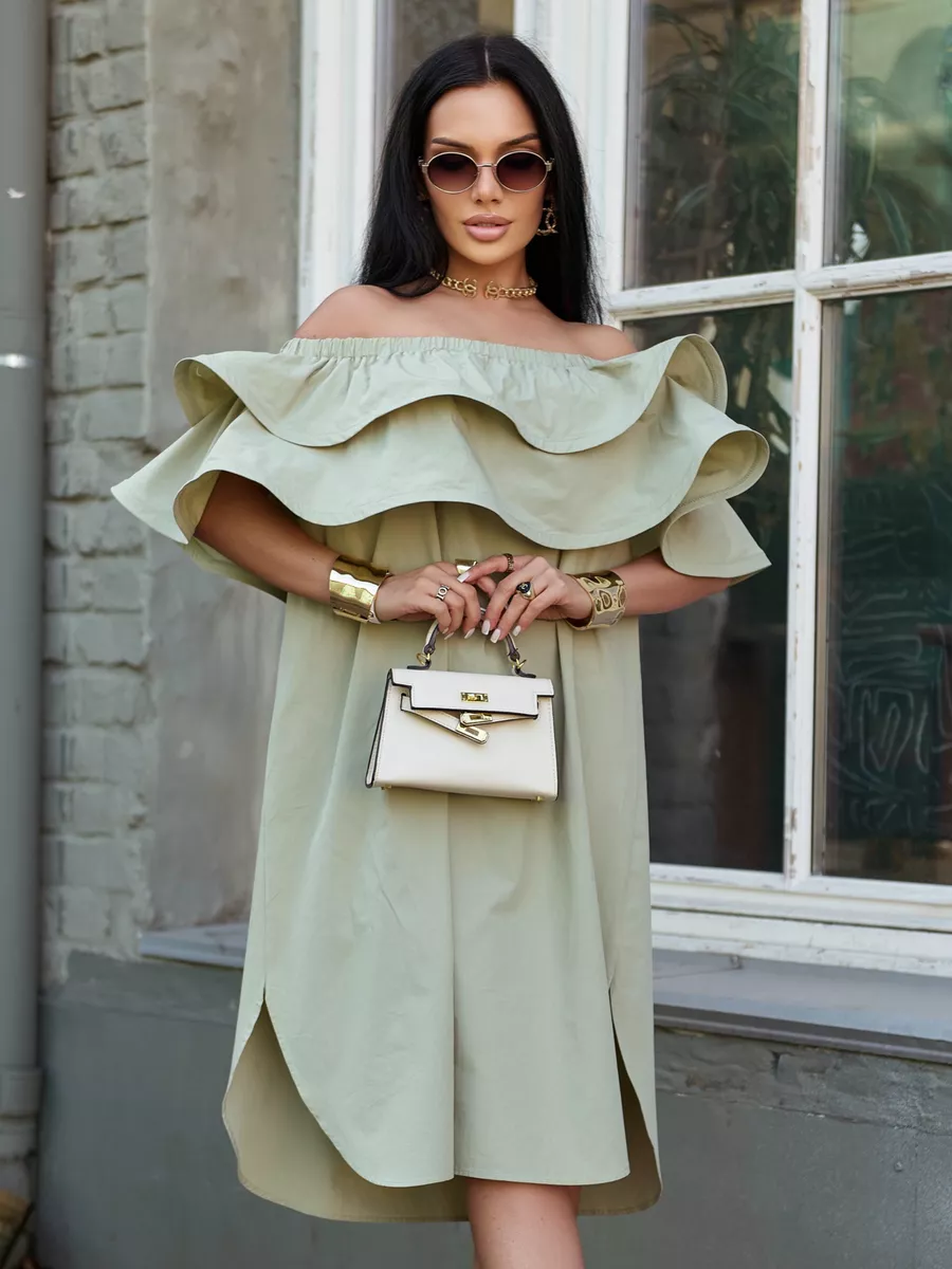 Хаки летнее платье сарафан с открытыми плечами