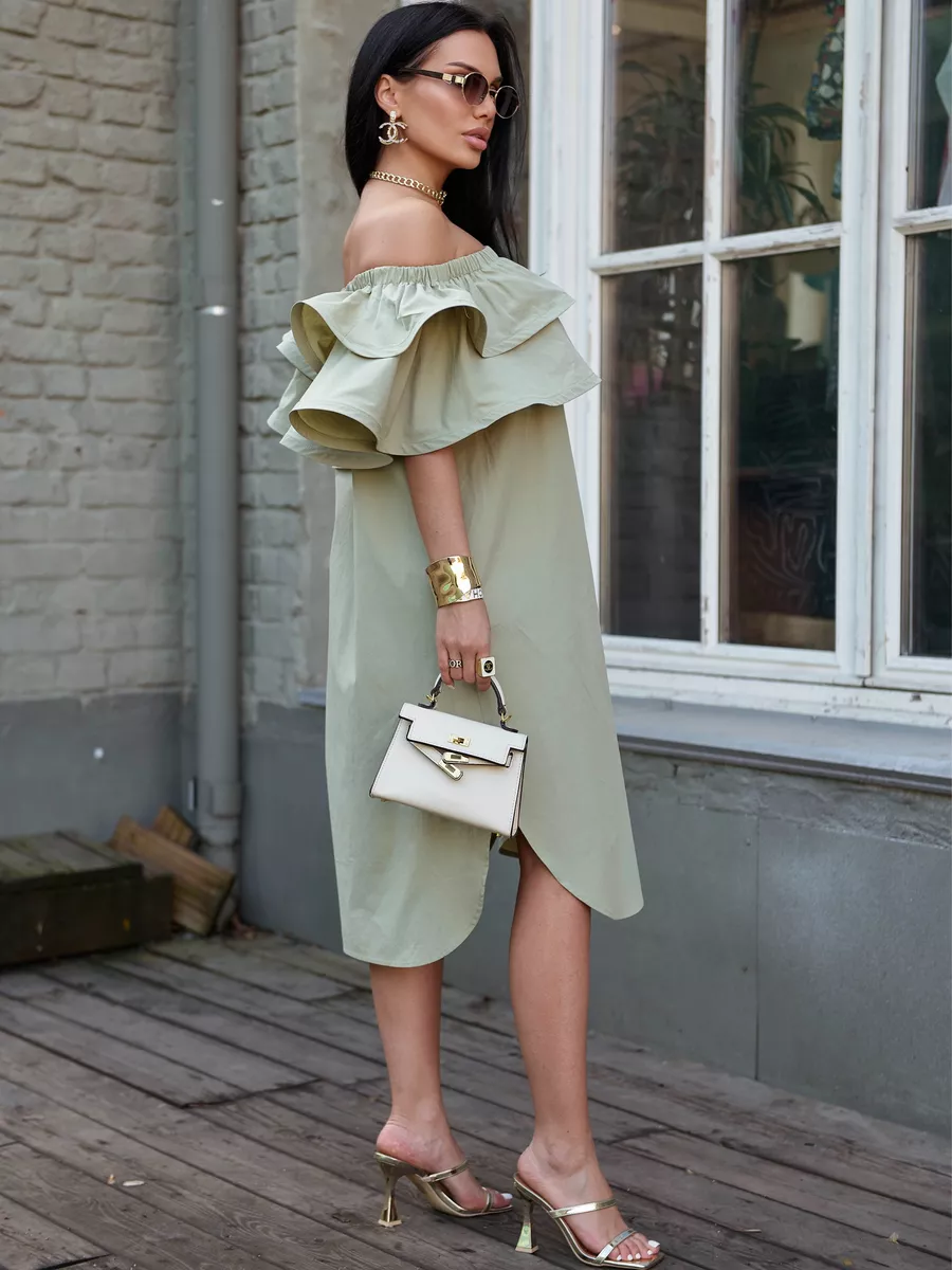 Хаки летнее платье сарафан с открытыми плечами