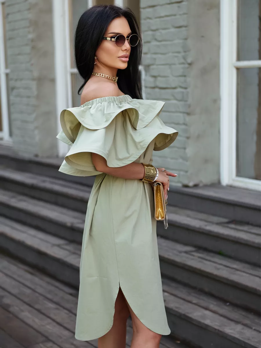 Хаки летнее платье сарафан с открытыми плечами