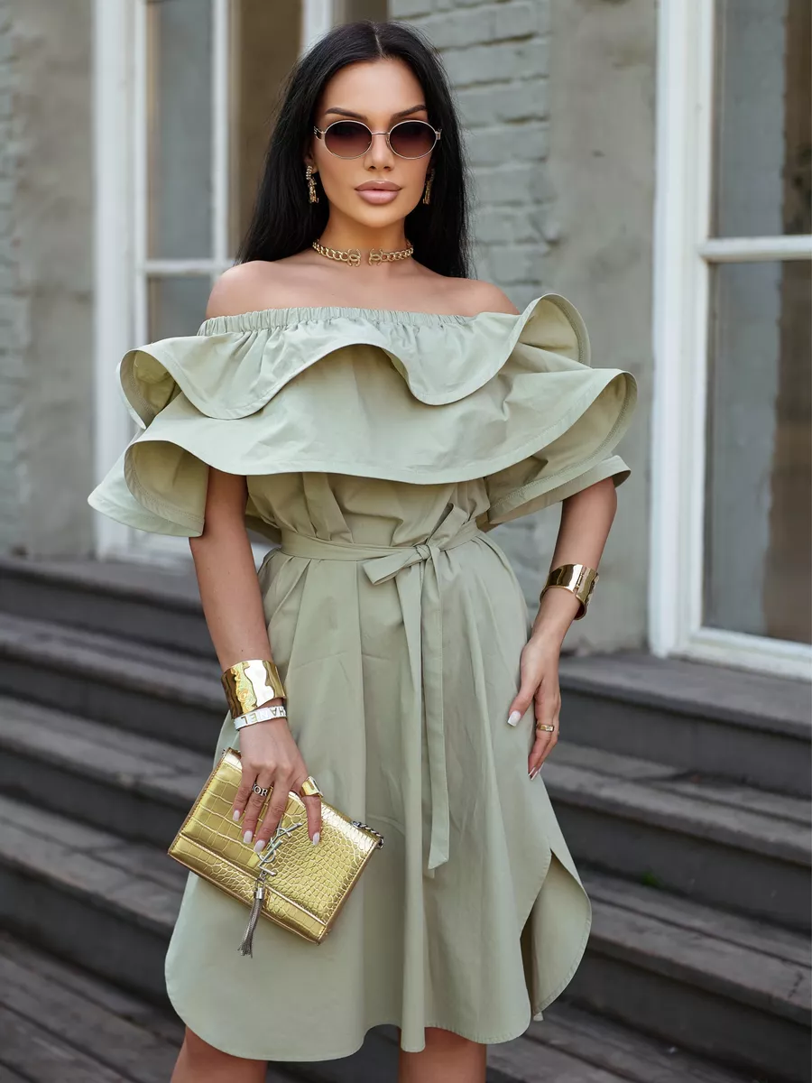 Хаки летнее платье сарафан с открытыми плечами