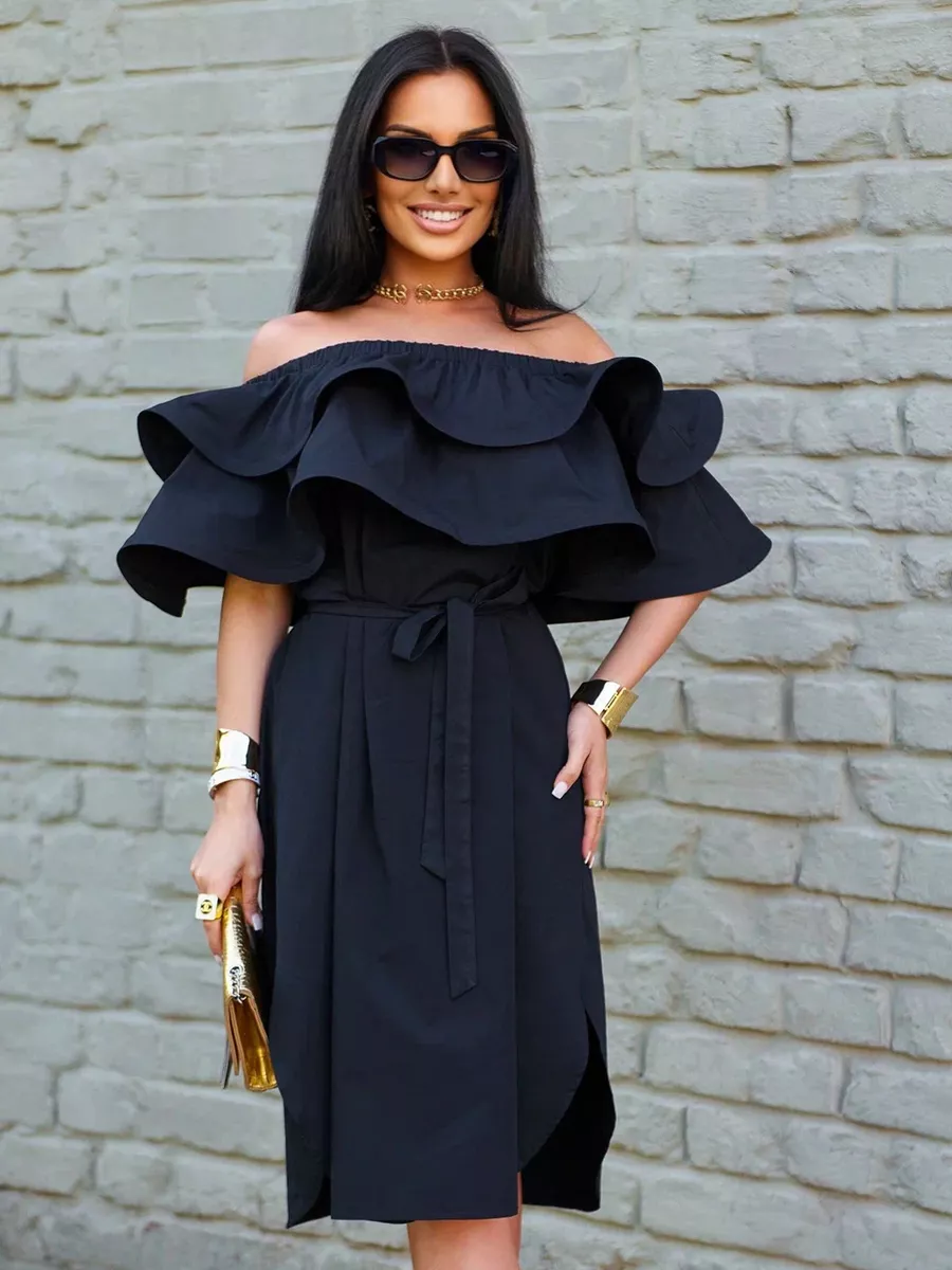 Черное летнее платье сарафан с открытыми плечами