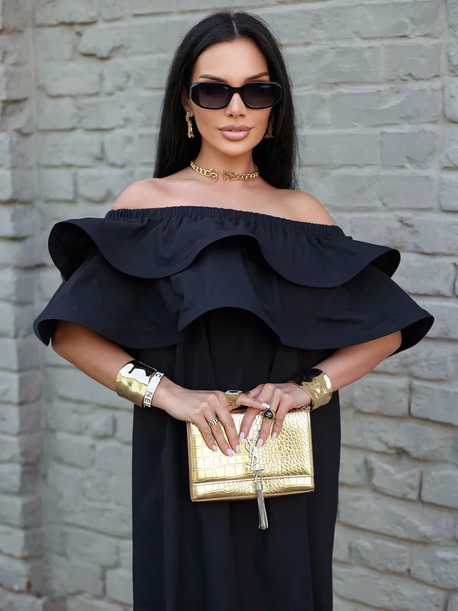 Черное летнее платье сарафан с открытыми плечами