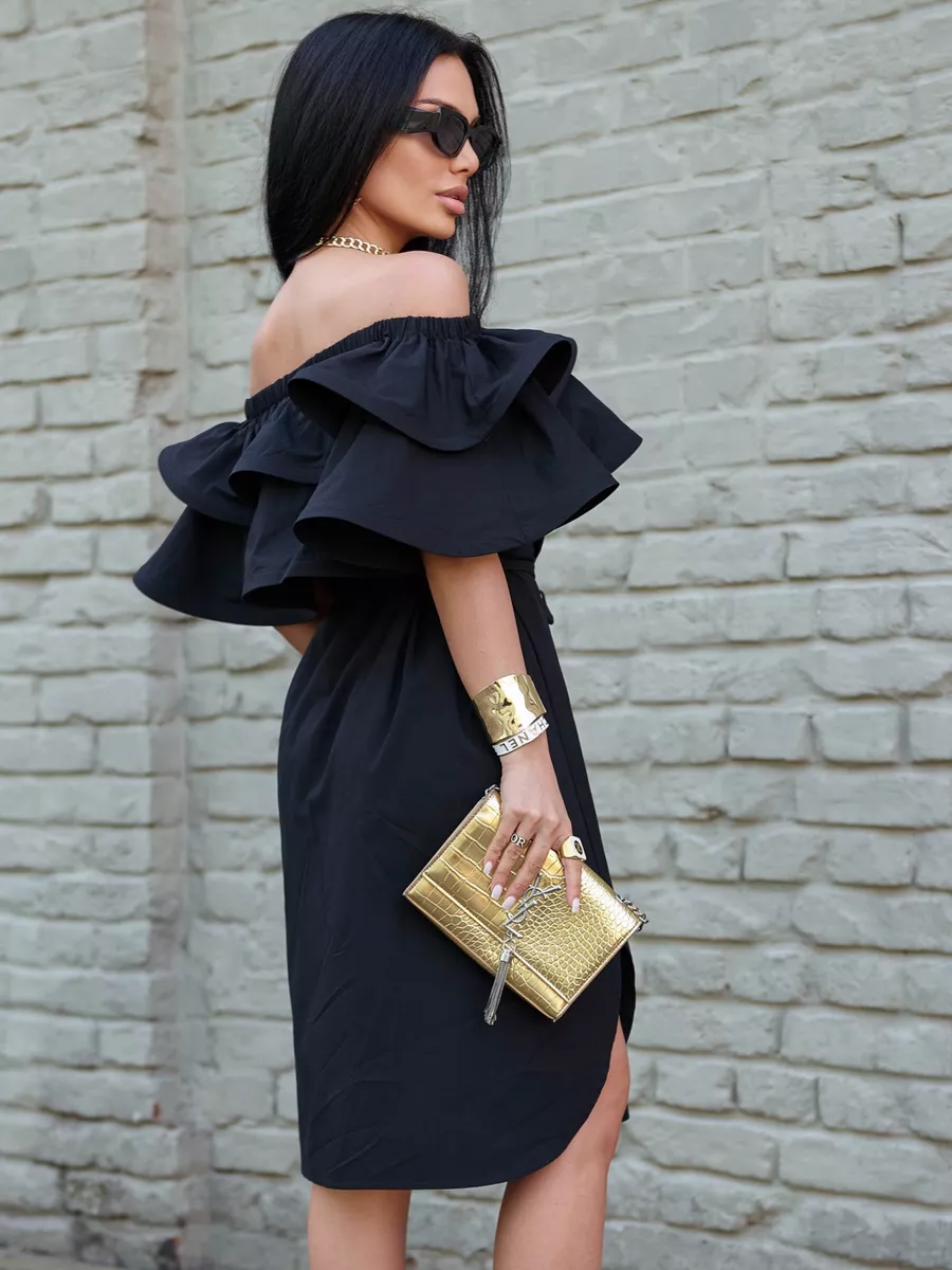 Черное летнее платье сарафан с открытыми плечами