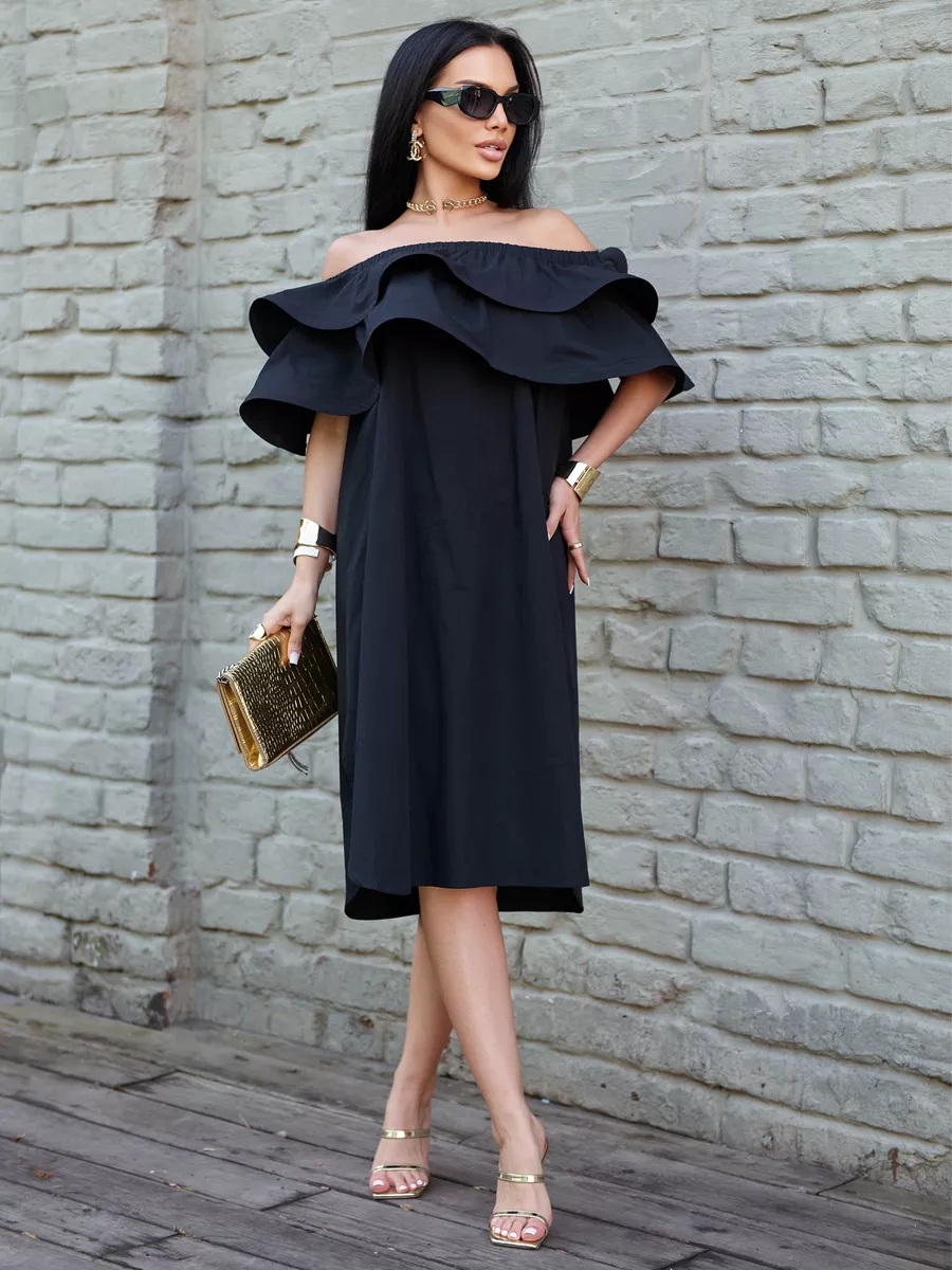 Черное летнее платье сарафан с открытыми плечами