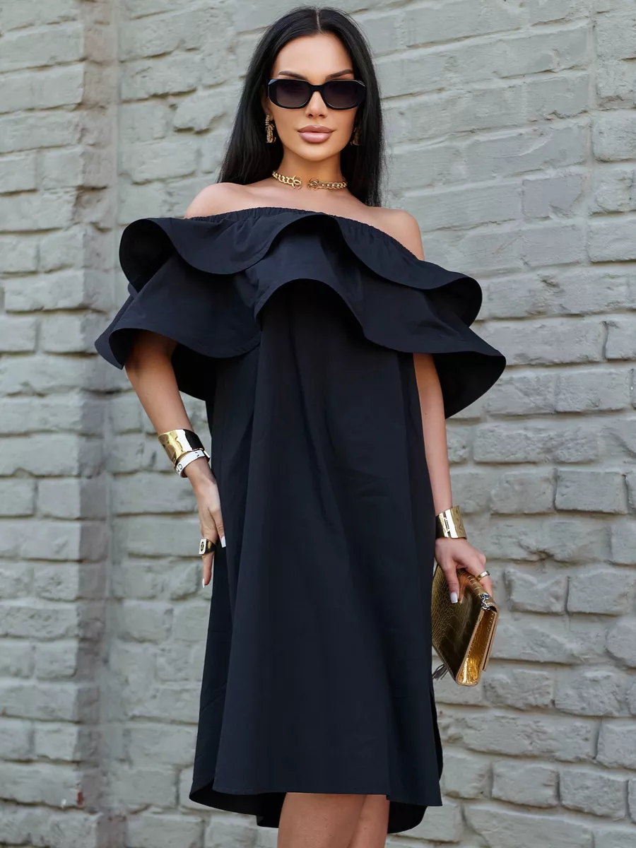 Черное летнее платье сарафан с открытыми плечами