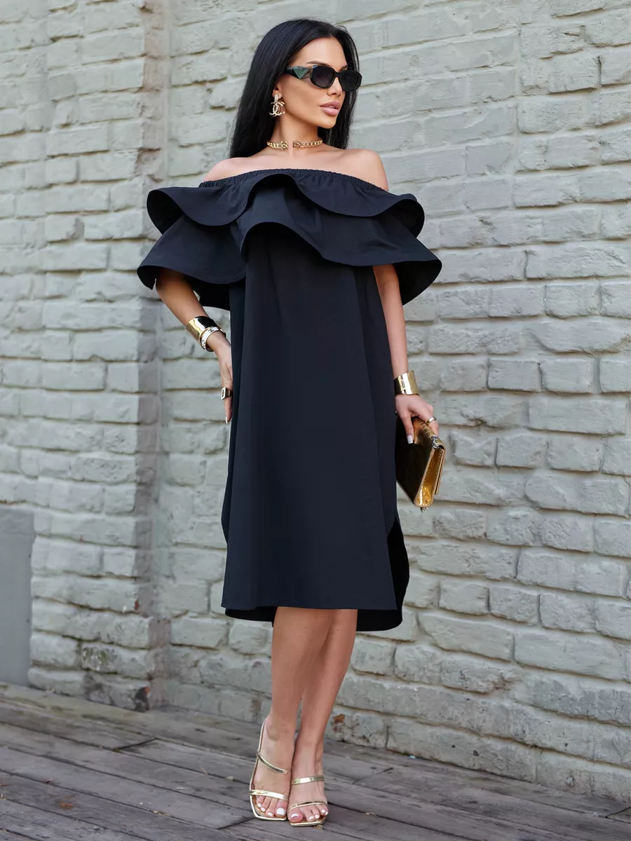 Черное летнее платье сарафан с открытыми плечами