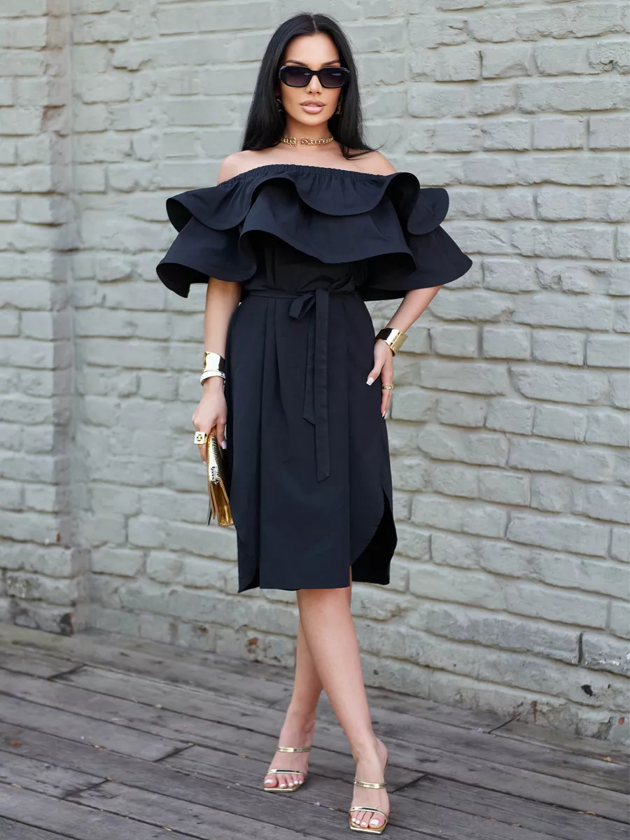 Черное летнее платье сарафан с открытыми плечами