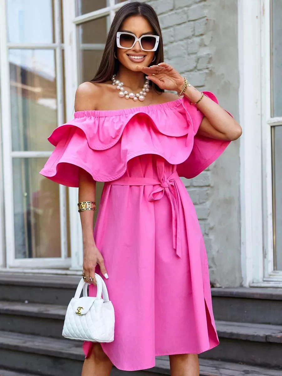 Фуксия летнее платье сарафан с открытыми плечами