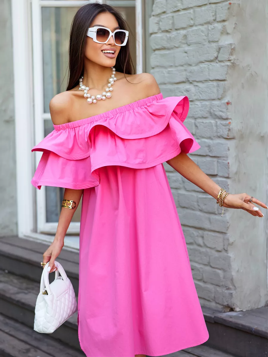 Фуксия летнее платье сарафан с открытыми плечами