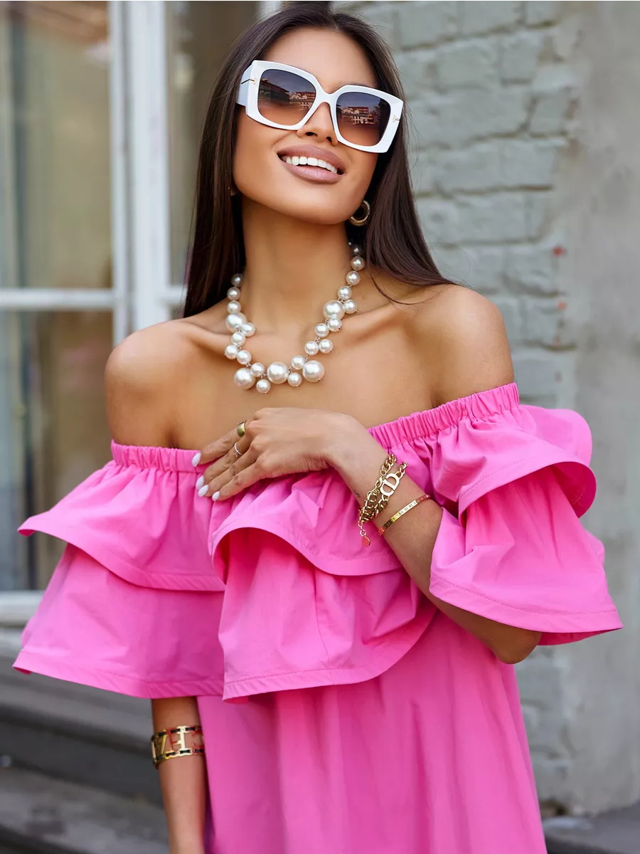 Фуксия летнее платье сарафан с открытыми плечами