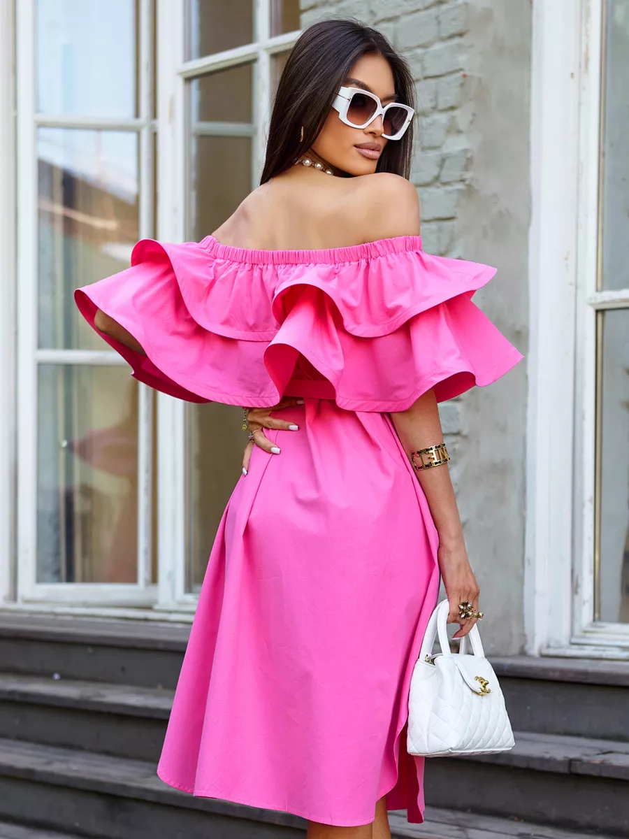 Фуксия летнее платье сарафан с открытыми плечами