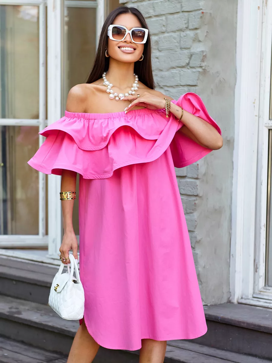Фуксия летнее платье сарафан с открытыми плечами