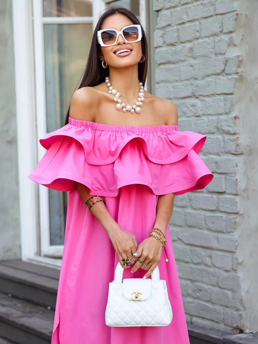 Фуксия летнее платье сарафан с открытыми плечами