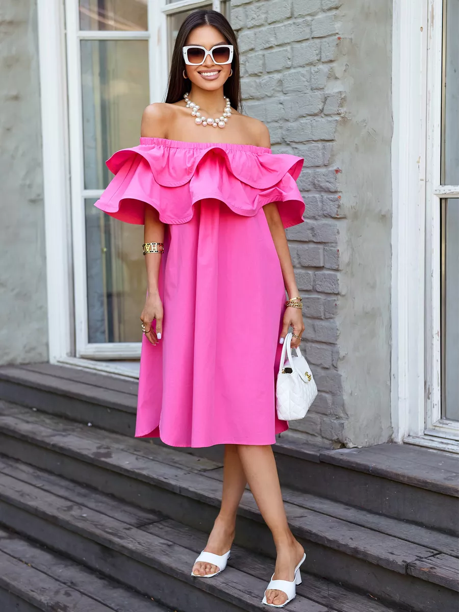 Фуксия летнее платье сарафан с открытыми плечами