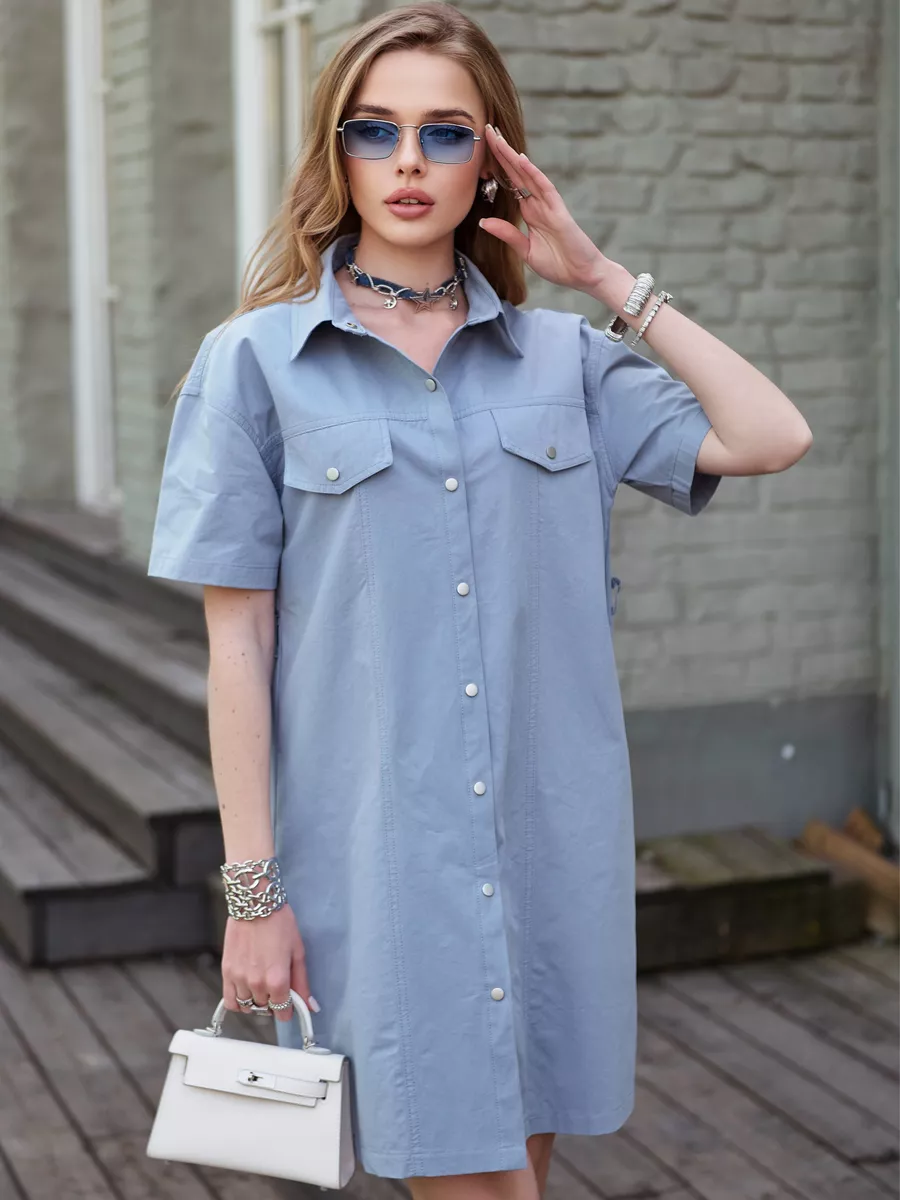 Синее летнее платье рубашка мини