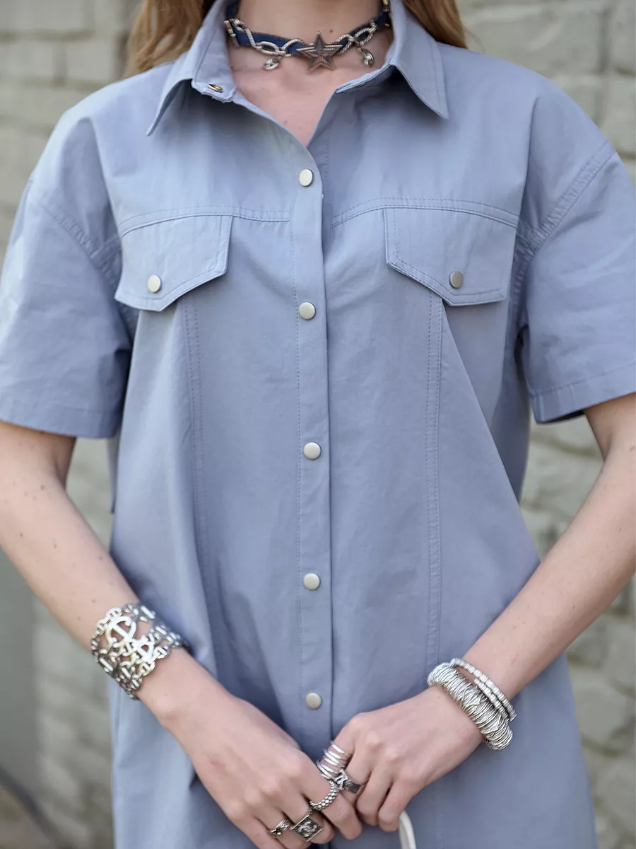 Синее летнее платье рубашка мини