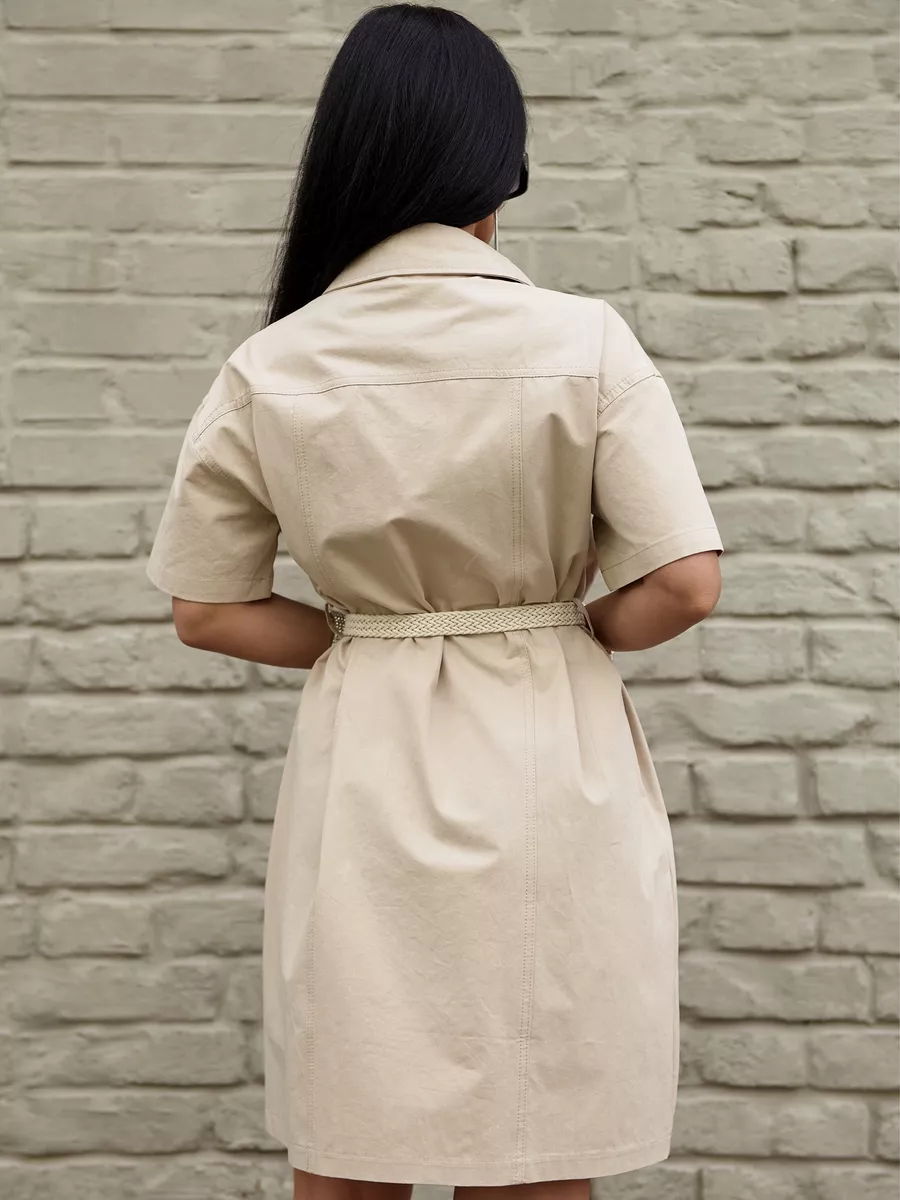 Бежевое летнее платье рубашка мини