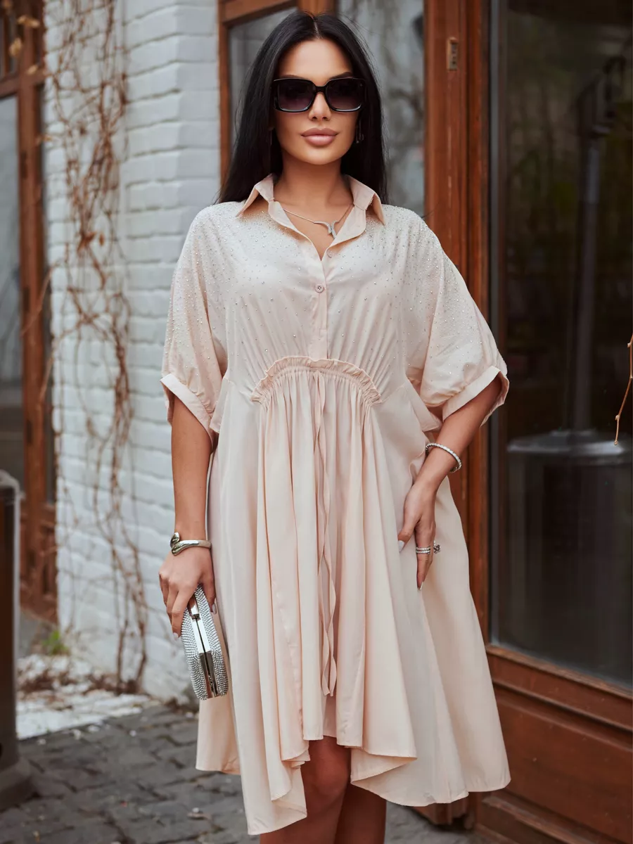 Бежевое платье летнее миди бохо со стразами