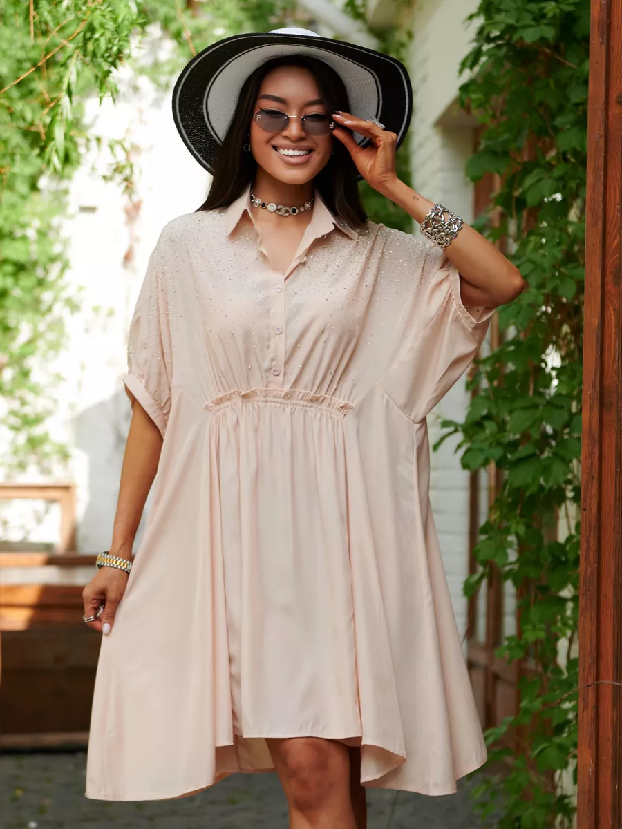 Бежевое платье летнее миди бохо со стразами