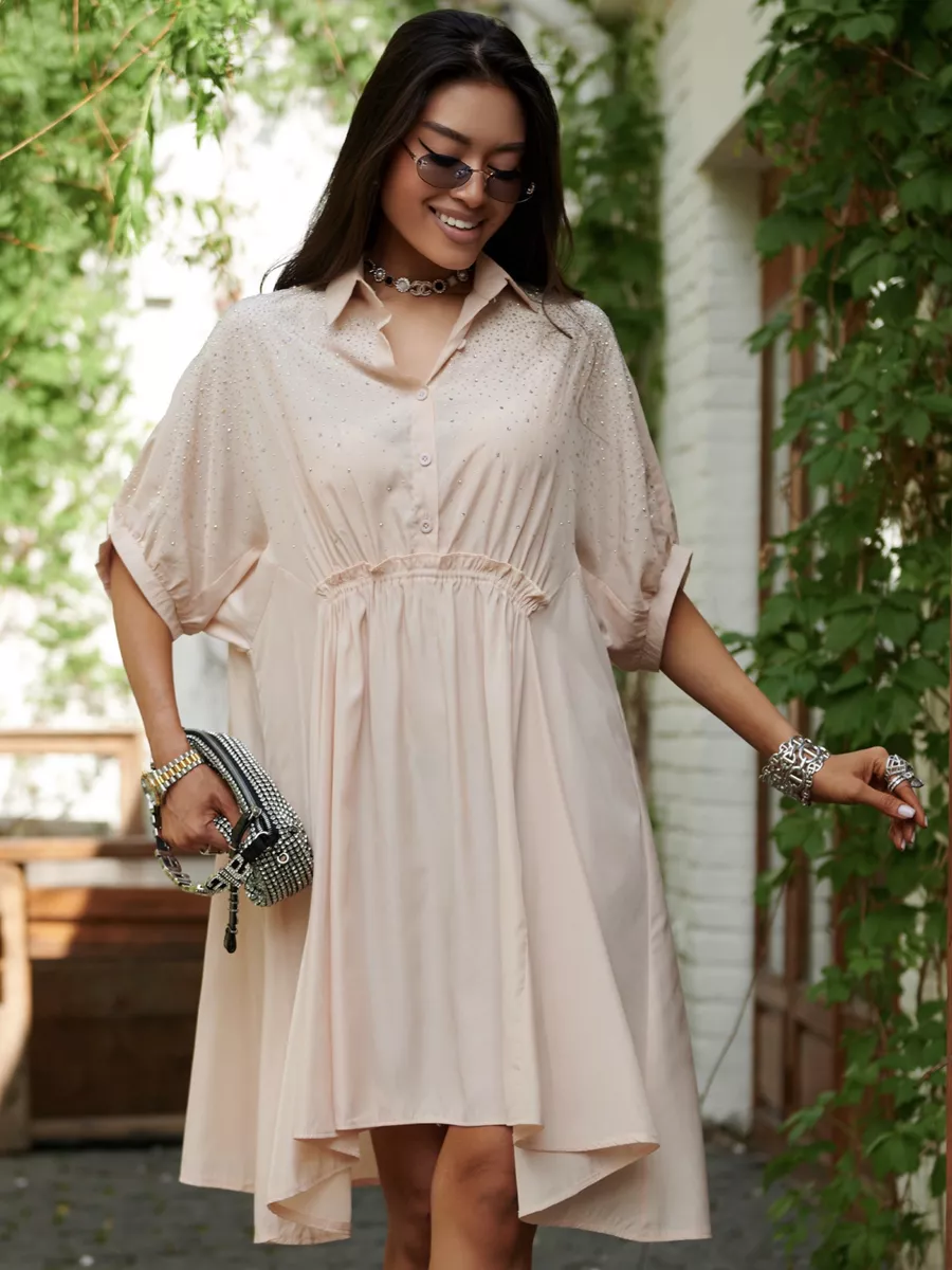Бежевое платье летнее миди бохо со стразами