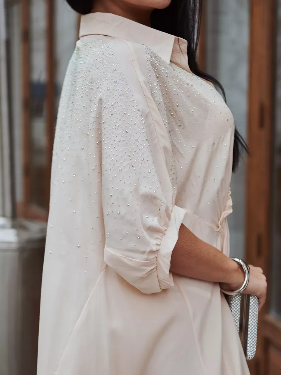 Бежевое платье летнее миди бохо со стразами