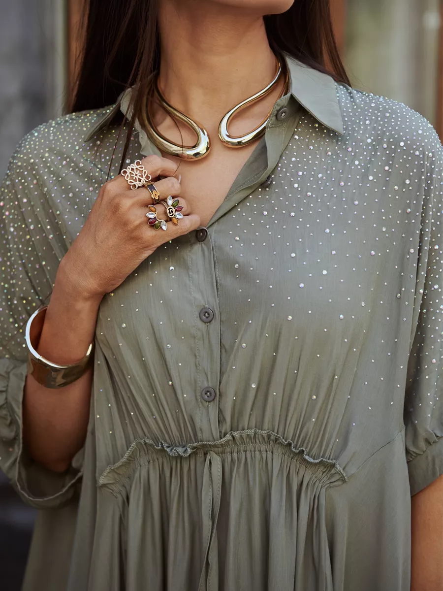 Хаки платье летнее миди бохо со стразами