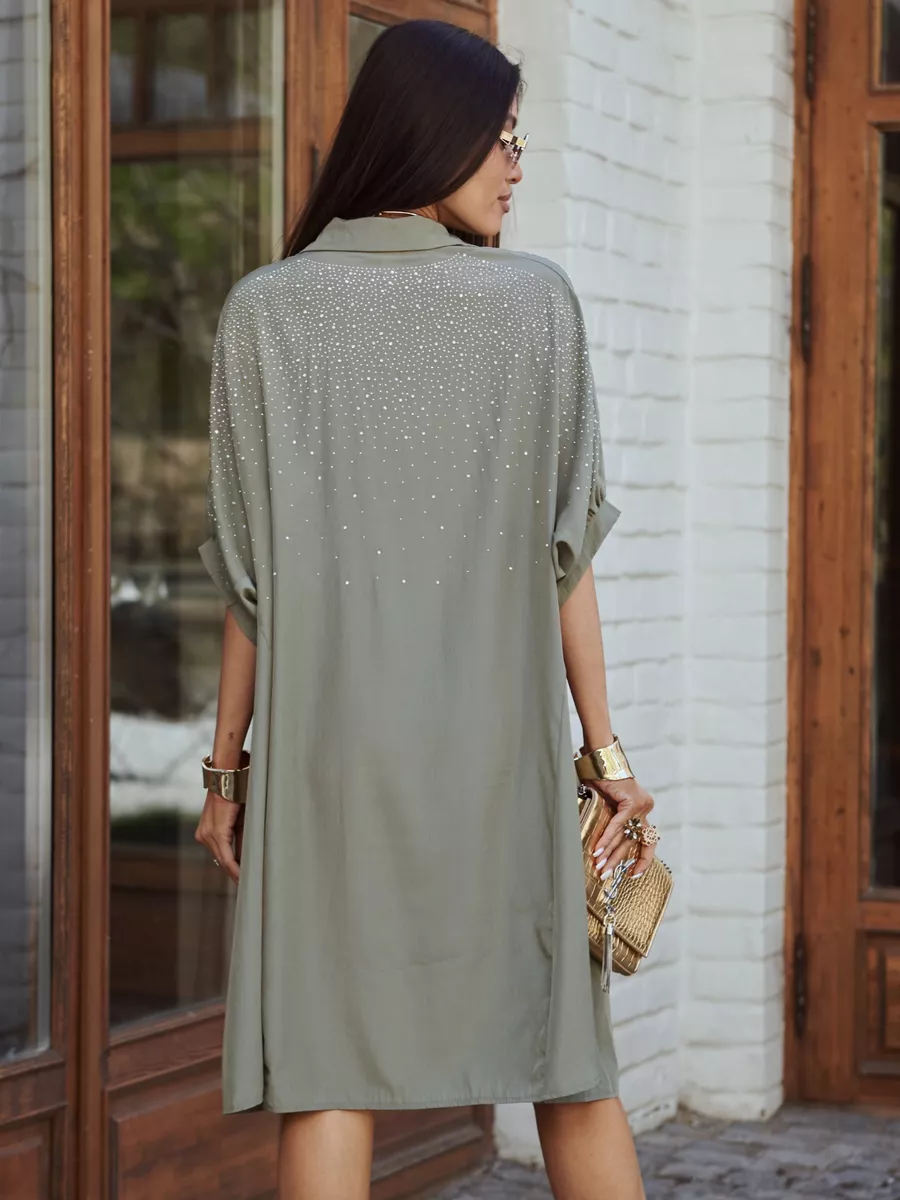 Хаки платье летнее миди бохо со стразами