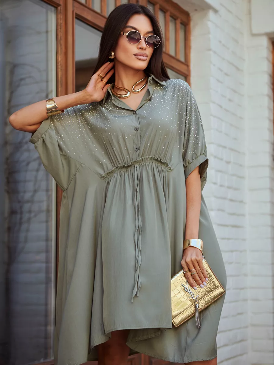 Хаки платье летнее миди бохо со стразами