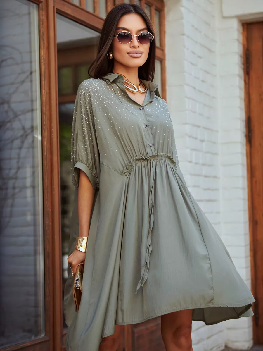 Хаки платье летнее миди бохо со стразами