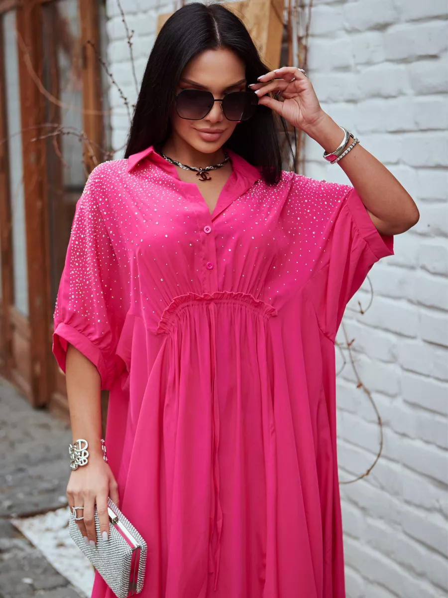 Фуксия платье летнее миди бохо со стразами