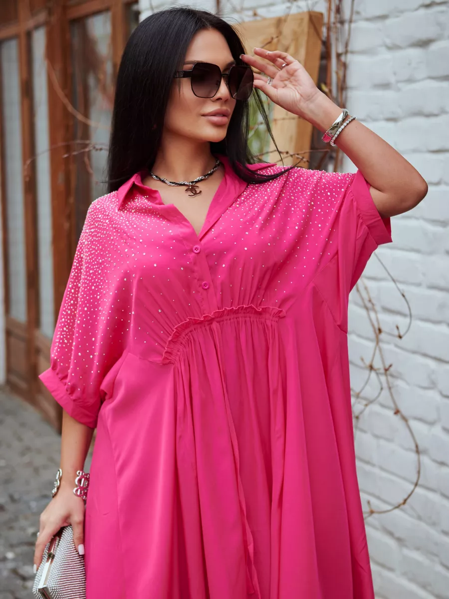 Фуксия платье летнее миди бохо со стразами