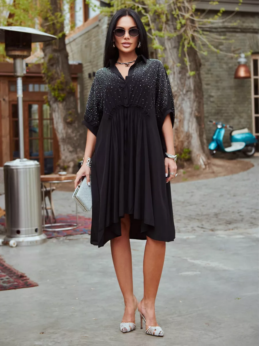 Черное платье летнее миди бохо со стразами