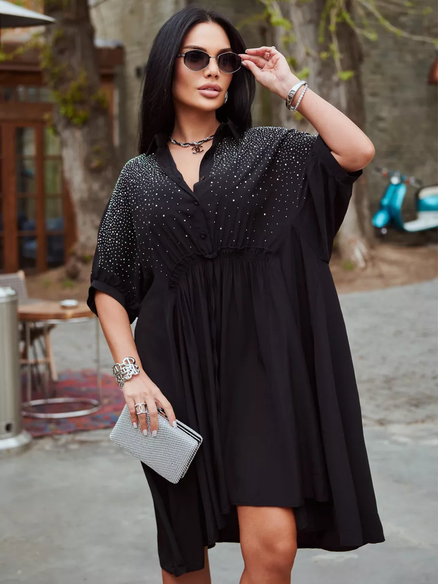 Черное платье летнее миди бохо со стразами
