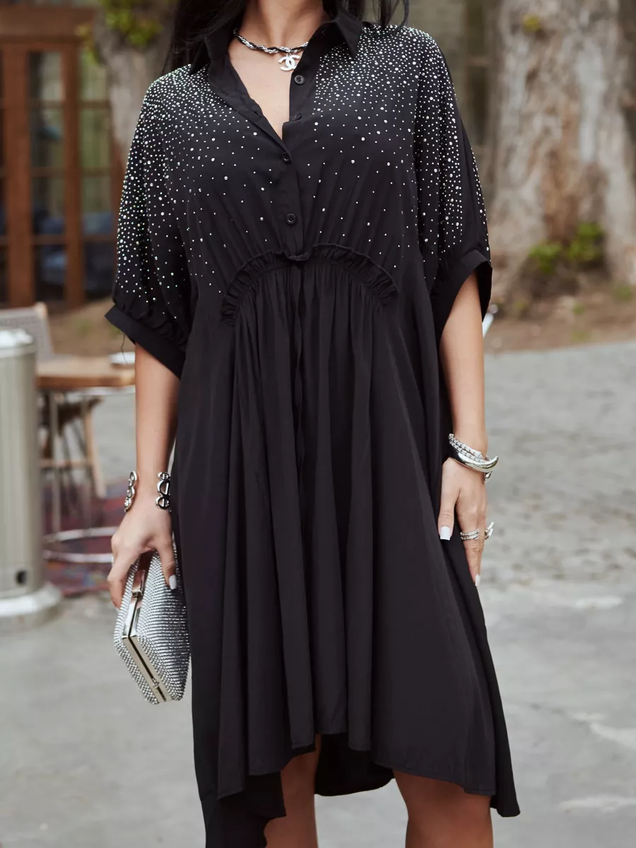 Черное платье летнее миди бохо со стразами