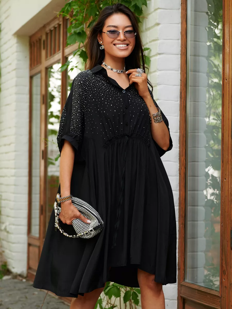 Черное платье летнее миди бохо со стразами