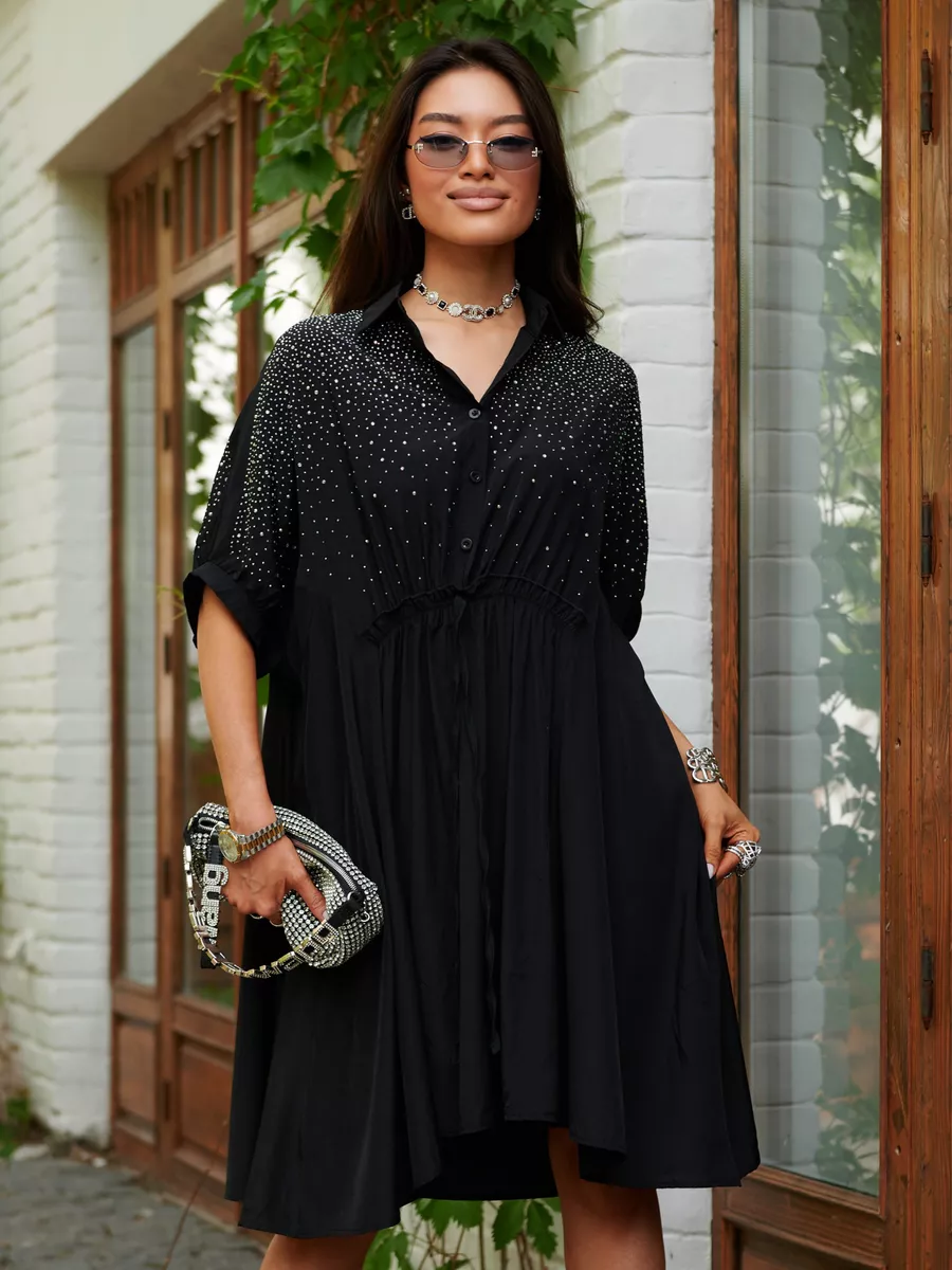 Черное платье летнее миди бохо со стразами