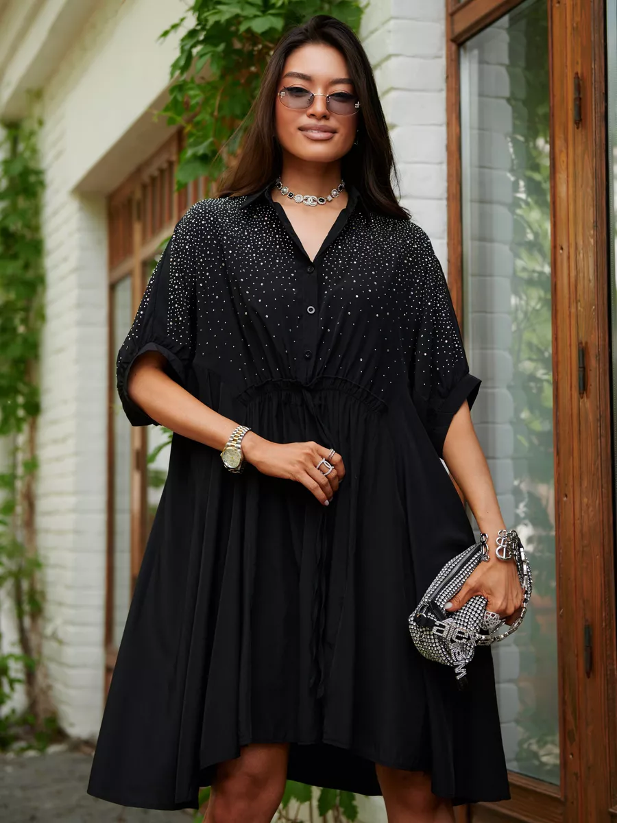 Черное платье летнее миди бохо со стразами