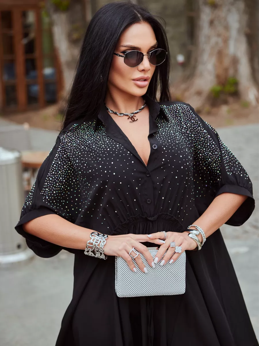 Черное платье летнее миди бохо со стразами