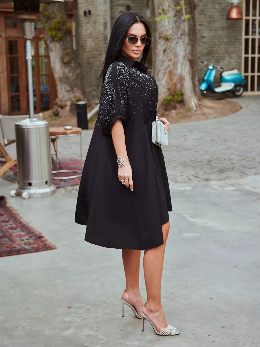 Черное платье летнее миди бохо со стразами