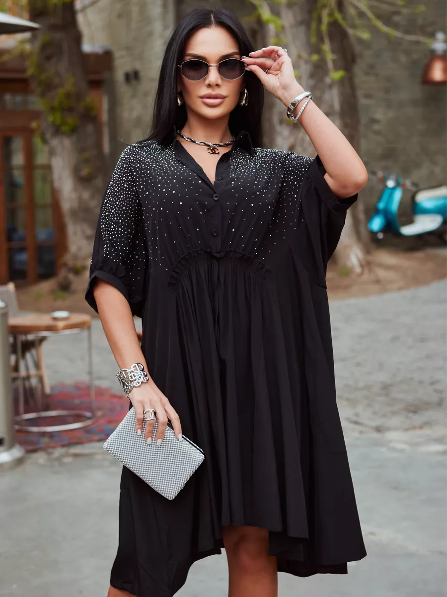 Черное платье летнее миди бохо со стразами