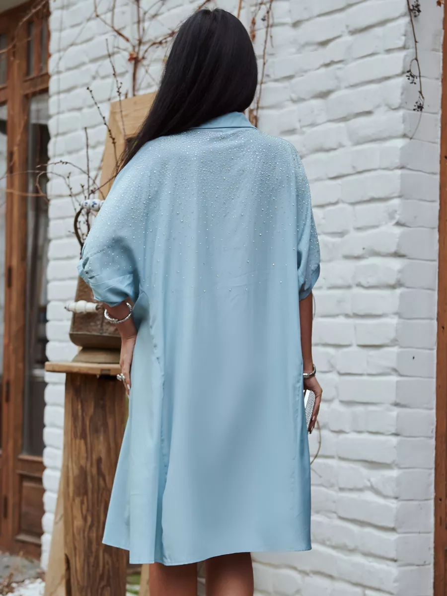 Голубое платье летнее миди бохо со стразами