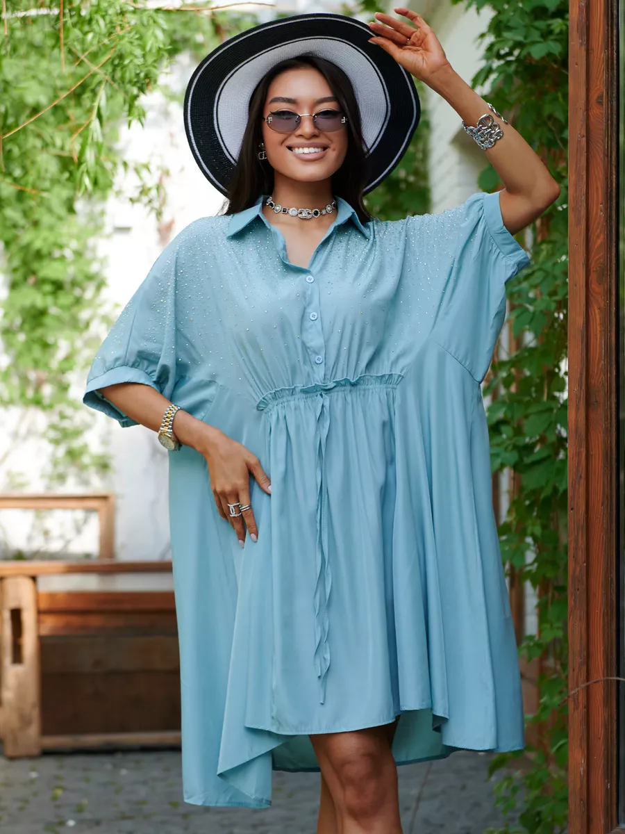 Голубое платье летнее миди бохо со стразами